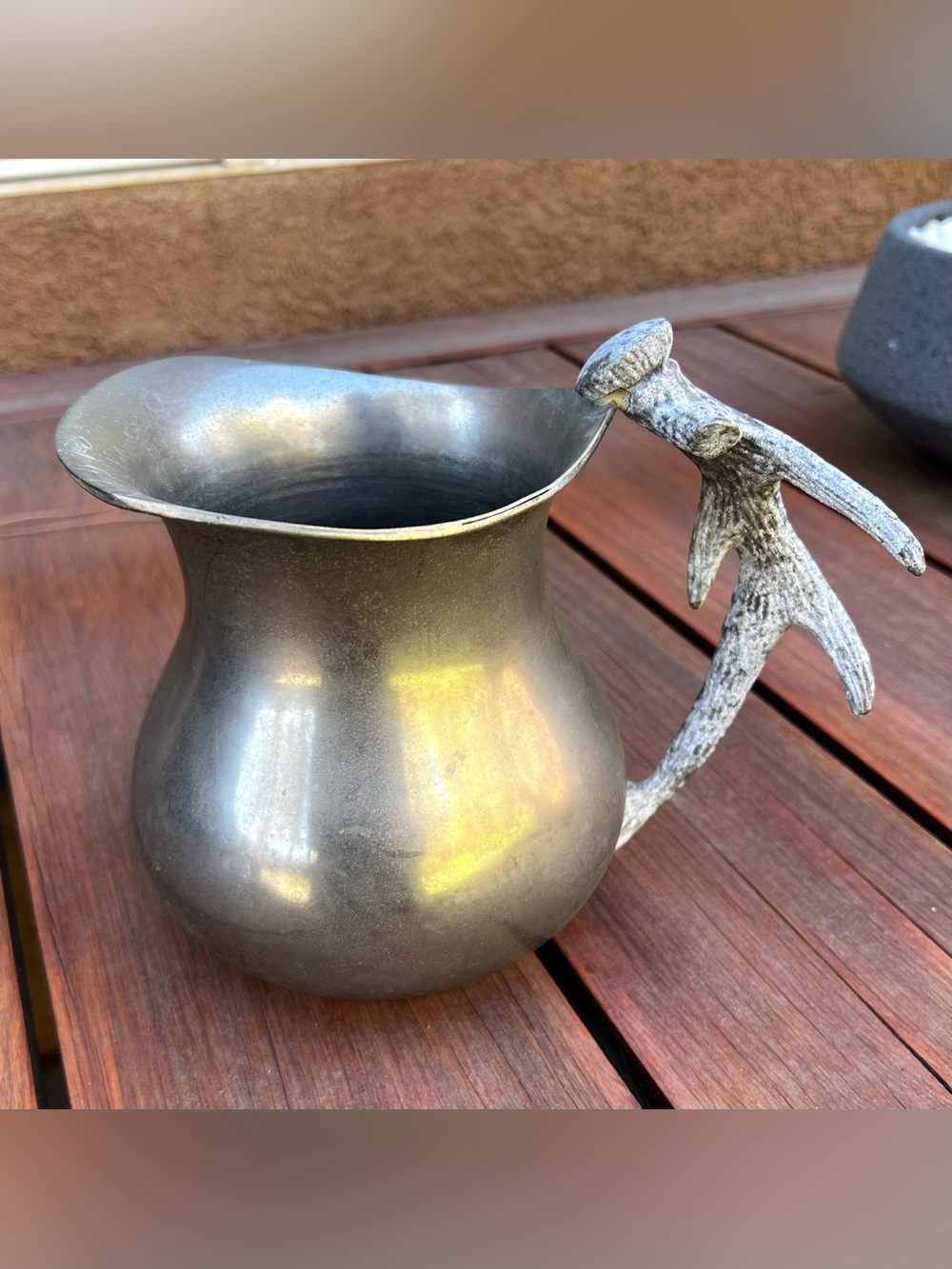 Vintage Metal Pitcher with Deer Antler Handle Lodge Rustic Western Country Decor